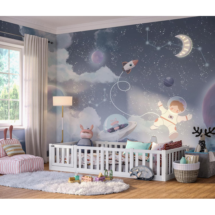 Ліжко Bellabino Tapi 90x200 см, дитяче ліжко з поручнями та дверцятами, включаючи рейкову основу, підлогове ліжко Монтессорі для хлопчиків та дівчаток з масиву сосни, біле лаковане, Ліжко 90 x 200 см Біле - з дверцятами