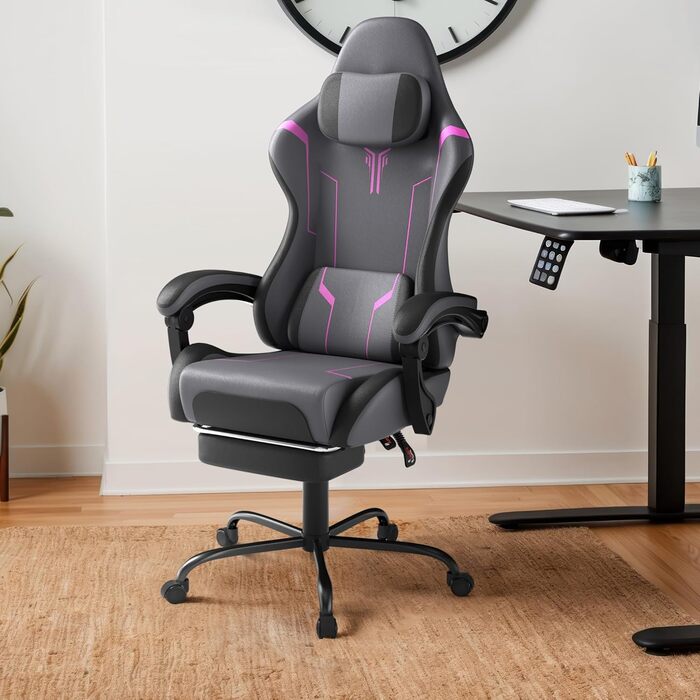 Ігрове крісло, ергономічне офісне крісло, регульоване та поворотне ігрове крісло, регульована висота, робоче крісло з підставкою для ніг та поперековою опорою, ігрове крісло, поверхня PU - чорний та фіолетовий, сірий та фіолетовий, PU