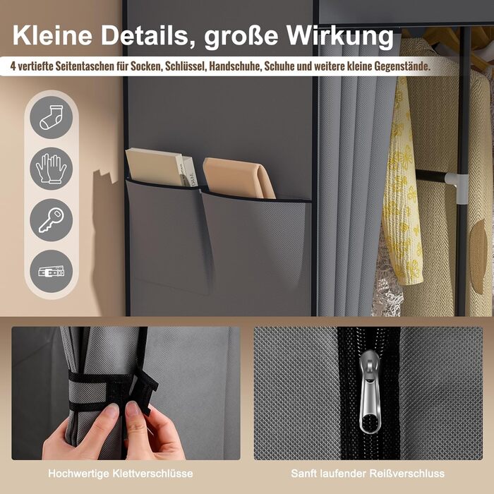 Шафа, тканинна шафа з 4 рейками для одягу, міцна та з 8 відділеннями, складна гардеробна шафа для зберігання одягу в гардеробній спальні (сіра)