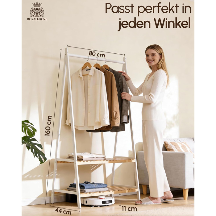 Вішалка для одягу з 2 полицями з білого бамбука, шафа-тумба з міцною рейкою для одягу, шафа з полицею для взуття, для передпокою, спальні, 160 x 80 x 44 см (білий)