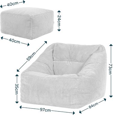 Крісло-мішок Icon Natalia з пуфом для ніг для дорослих, бежевий, пухнаста вельветова тканина, гігантське вельветове крісло-мішок з наповнювачем, зручне крісло для вітальні, кімнати відпочинку, спальні, офісу, бежеве гігантське крісло-мішок пуф для ніг