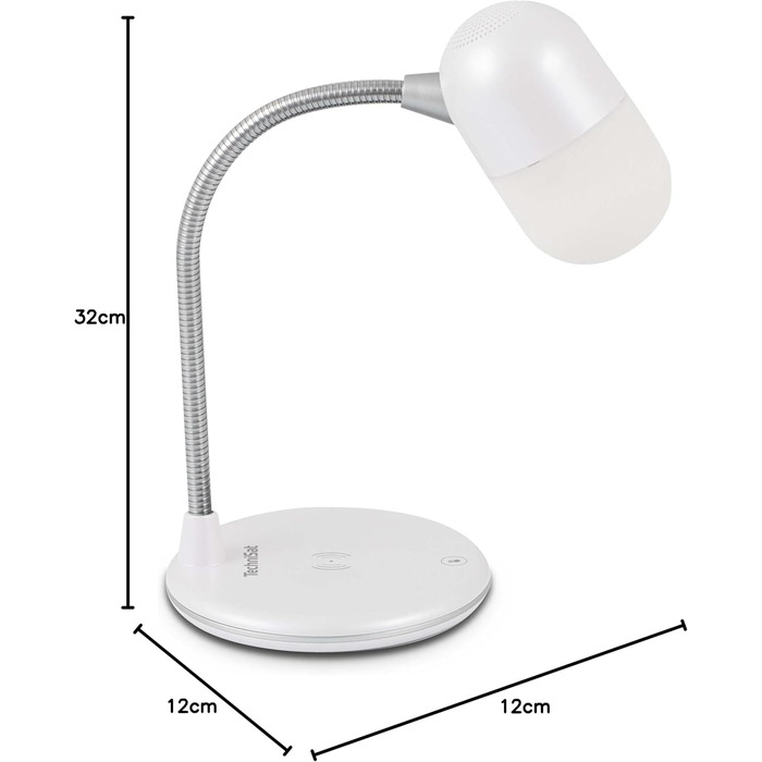 Настільна лампа TechniSat VIOLA світлодіодна настільна лампа з потоковою передачею аудіо Bluetooth і бездротовою зарядкою для смартфонів (монодинамік 3 Вт, три кольори світла, затемнення, гнучка горловина лампи) (білий)