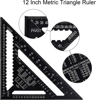 И теслярський кутник 12 дюймів і 7 дюймів, 45 90 градусів потовщений трикутник транспортир метричний теслярський кутник багатофункціональний інструмент для письма для тесляра, покрівельника, інженера, 2 шт.