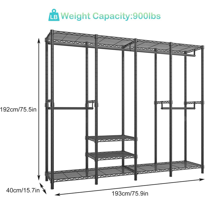 Вішалка для одягу KZOBYD, шафа-тумба з 6 полицями, що регулюються по висоті, штанга для одягу з 4 відділеннями для вішалок, багато місця, для спальні, вітальні (чорна)