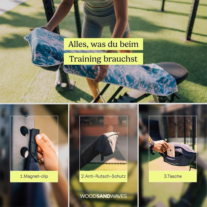 Фітнес-рушник WOODSANDWAVES з дизайнерським дизайном, кишенею та надзвичайно сильним магнітом - ідеальний спортивний рушник для тренажерного залу та фітнес-студії Нековзний, без запаху, швидковисихаючий для активного тренування