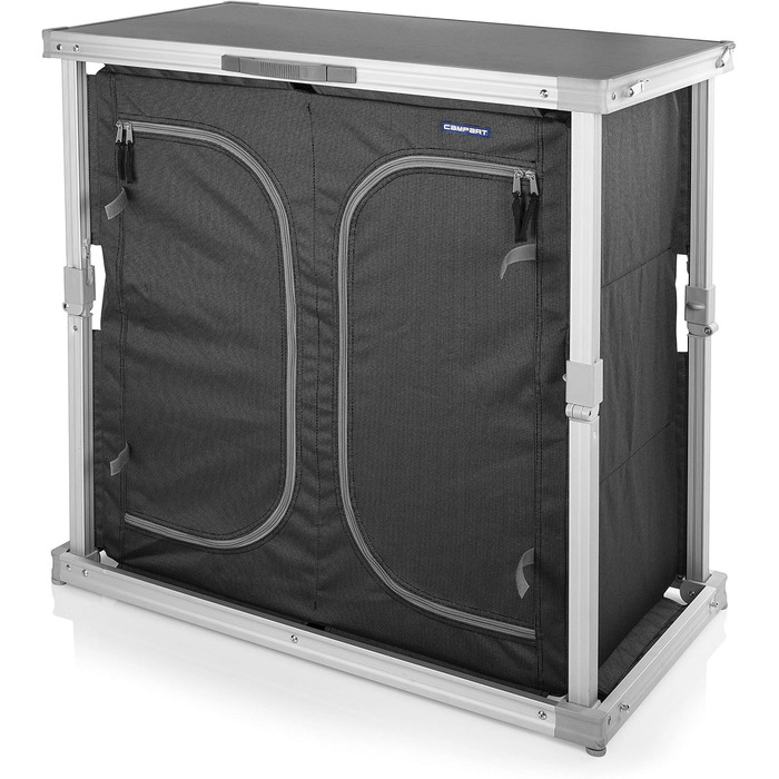 Кухня для кемпінгу Campart Toledo Легко складається 2 відділення з 3 полицями кожне 4 регульовані ніжки Антрацит KI-0758, задня, чорна 6 полиць чорного кольору