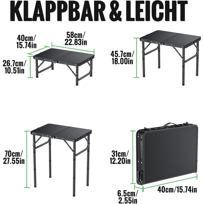 Складаний кемпінговий стіл GARLLEN, 58x40 см та 3 регульовані висоти (26/48/70 см), портативний бічний столик, стіл для барбекю, садовий стіл, стіл для пікніка для кемпінгу, пікніків та використання в саду (чорний) Чорний 58 x 40 x 26/48/70 см