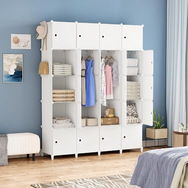 Шафа HOMIDEC, Портативна система полиць, Пластикова шафа на 20 кубів з 2 рейками для одягу, Шафа для спальні, Біла, 180 x 142 x 45 см, 20 кубів, Повністю біла