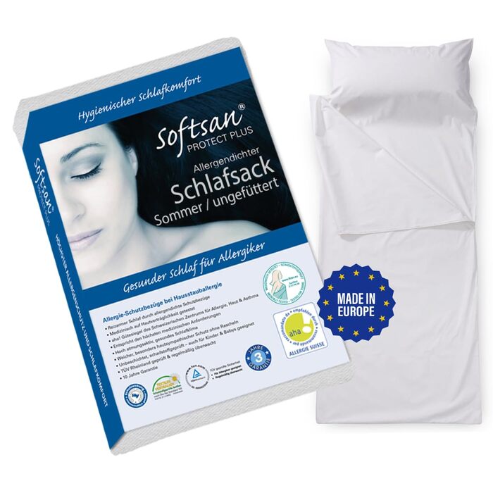 Дорожній спальний мішок Softsan Protect для алергіків з Evolon, 80x180 см, БЕЗ наповнювача, чохол/захист від кліщів для подорожей, спальний мішок, стійкий до кліщів, для алергіків, спальний мішок від алергії 80x180 см без наповнювача