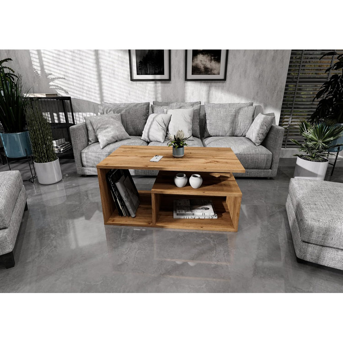 Журнальний столик з відділенням для зберігання речей 90x50x44 см Сучасний стіл для вітальні в ретро-лофт-дизайні Міцний диванний столик, міцний та стійкий до подряпин Дуб Вотан