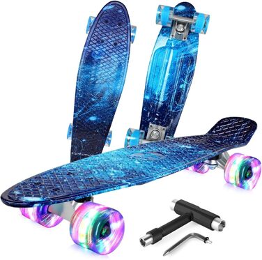 Скейтборд для дітей, підлітків та дорослих BELEEV Mini Cruiser Skateboard 22 Inch – Galaxy Blue, світлодіодні колеса з підсвічуванням