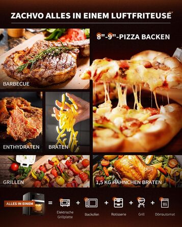 Аерофритюрниця XXL - Мультипіч ZACHVO 15L - 10 програм 1700 Вт з сенсорним LCD екраном - Фритюрниця Фритюрниця Смаження без олії, 7 аксесуарів, на 90 менше жиру - Дегідратор гриля в духовці в чорному Аерофритюрниця