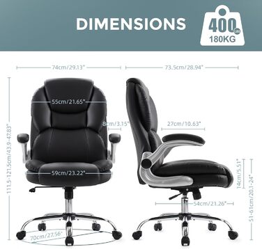 Офісне крісло IWMH Ергономічне стільце для роботи Крісло керівника Поворотне крісло з відкидними підлокітниками, регульоване по висоті, комп&39ютерне крісло для офісу, дому, вантажопідйомність 180 кг (чорне)