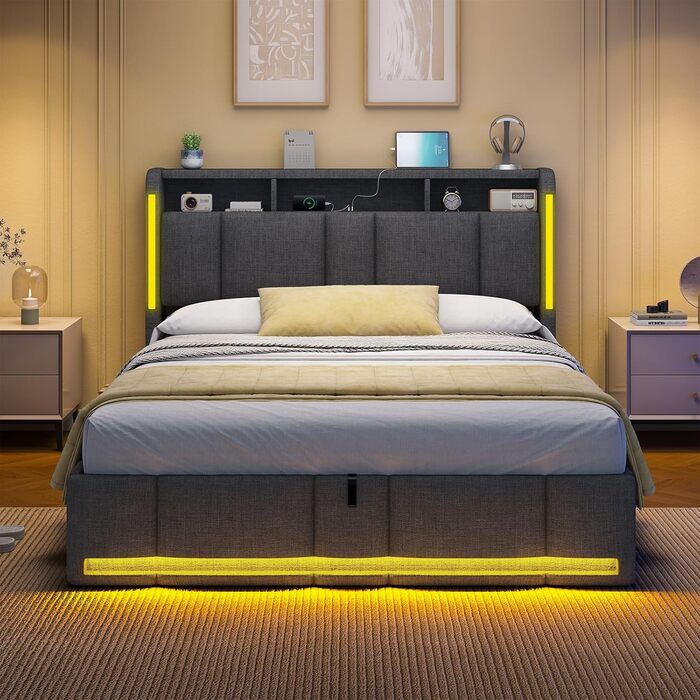 М&39яке двоспальне ліжко 140x200 з ящиком для зберігання, гідравлічне ліжко з місцем для зберігання зі світлодіодним освітленням та розетками, ліжко 140x200 см з узголів&39ям для зберігання, рейковий каркас, льон, темно-сірий (без матраца) 140 x 200 см те