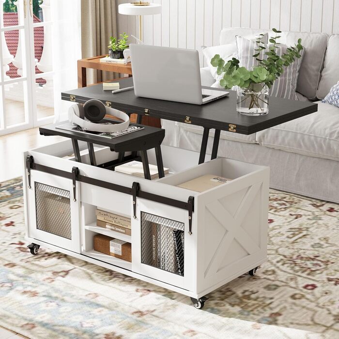 Журнальний столик VOWNER з регульованою висотою, багатофункціональний стіл для вітальні 3-в-1 з колесами та прихованим місцем для зберігання, який можна перетворити на обідній стіл для вітальні, у фермерському стилі (чорний з деревним малюнком)