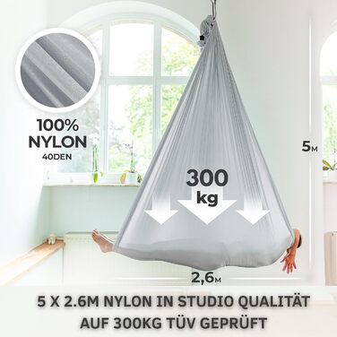 Рушник для йоги Yosana Aerial 5x2,60 м, змінний рушник, гамак для йоги без аксесуарів, рушник для йоги для підвішування, високоякісний нейлон