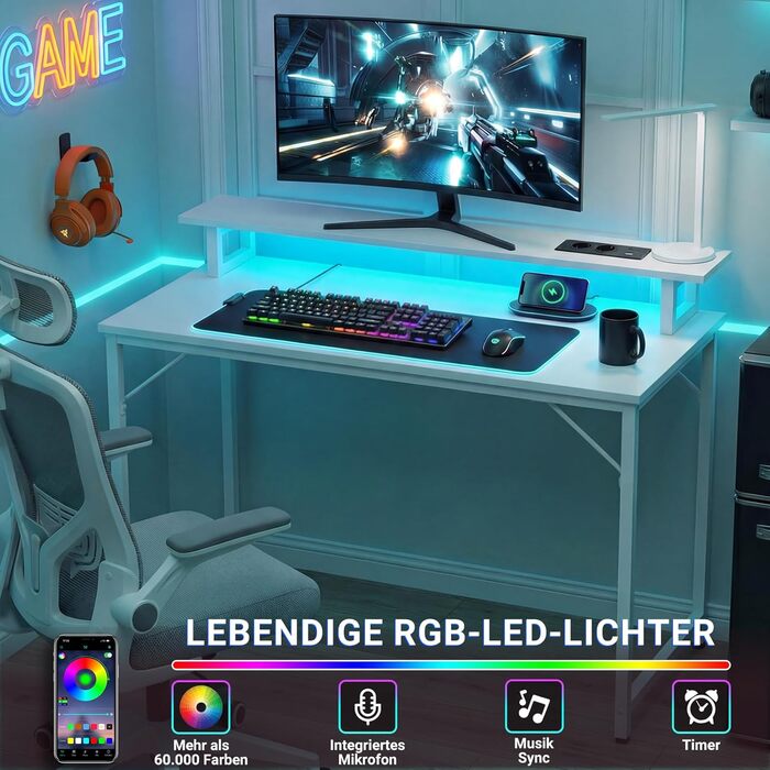 Комп&39ютерний стіл, ігровий стіл 120x50 см з RGB LED-підсвічуванням, стіл з розеткою, комп&39ютерний стіл з підставкою для монітора, маленький стіл для невеликих приміщень, кабінет, спальня, офіс, білий, 120 см