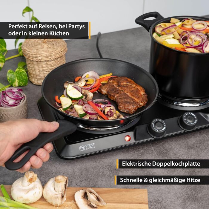Подвійна конфорка TZS First Austria 2500 Вт Чавунні варильні поверхні 180/150 мм Ручне керування Металевий корпус мобільний для кемпінгу та подорожей Чорний