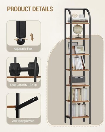 Полиця Hzuaneri, книжкова шафа, 7-ярусна полиця, полиця для DVD, вузькі полиці, офісна полиця в індустріальному стилі, металевий каркас для вітальні, спальні, кухні, вінтажний коричнево-чорний BC57001B 30 x 33,6 x 208,5 см, вінтажний коричнево-чорний