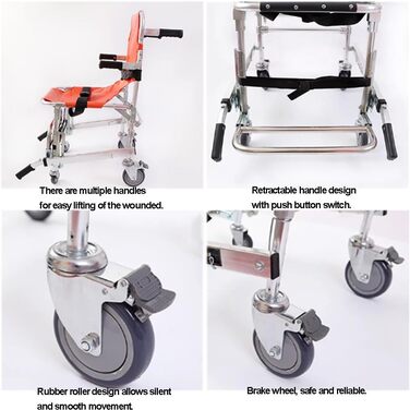 Крісло для сходів з алюмінієвого сплаву, легке, розбірне, для швидкої допомоги, пожежників, евакуації, медичного ліфта з швидкознімними пряжками, помаранчеве