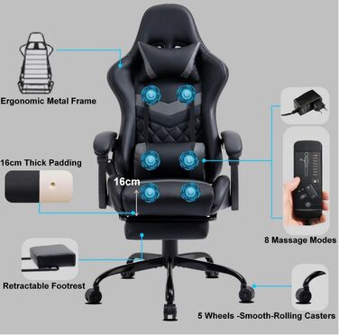 Ігрове крісло Delman, гоночне крісло, офісне крісло, комп&39ютерне крісло, масажна функція з 6 точками вібрації, крісло керівника зі штучної шкіри, ергономічна підставка для ніг 12-0037 (сірий колір)