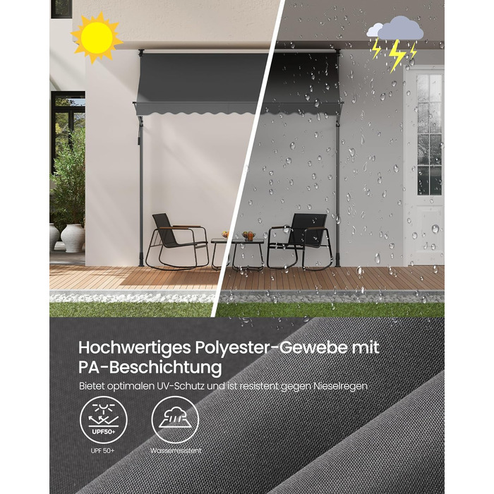 Тент SONGMICS із затискачем, балконний тент, регульований по висоті, з ручним приводом, сонцезахист, для балкону, тераси, саду, 250 x 120 см, антрацит GSA252G02 250 Вт см антрацит