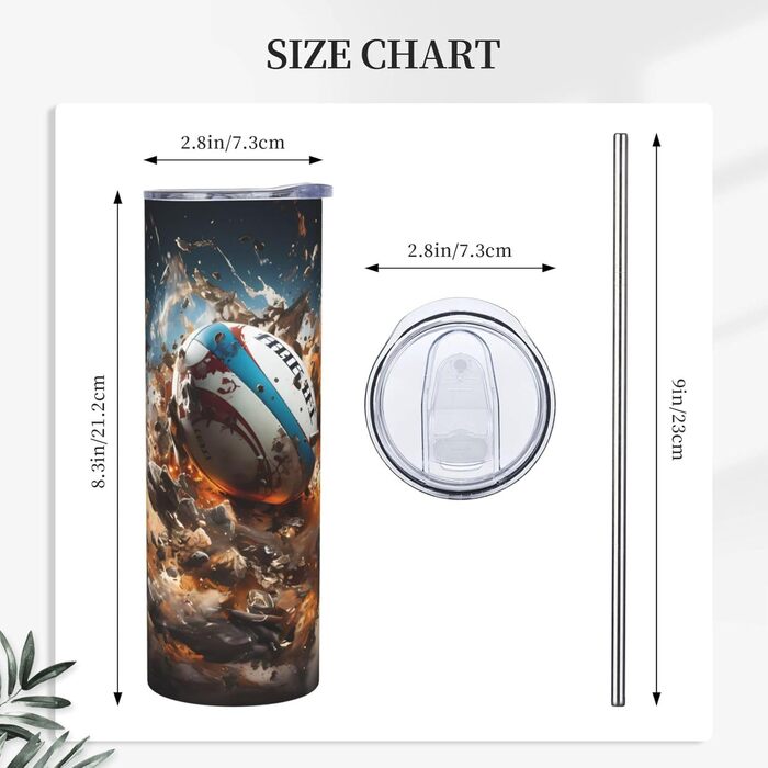 Кружка з прямою трубочкою, дизайн Регбі у вогні, з принтом, підходить для кемпінгу, офісу та дому, 590 мл