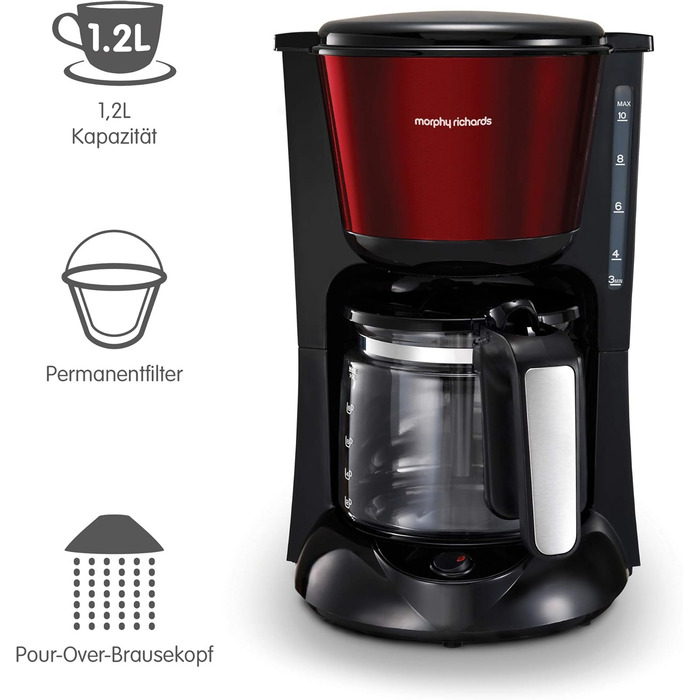 Кавоварка з фільтром Morphy Richards 162752EE зі скляним глечиком, нержавіюча сталь/червоний червоний - скляний глечик