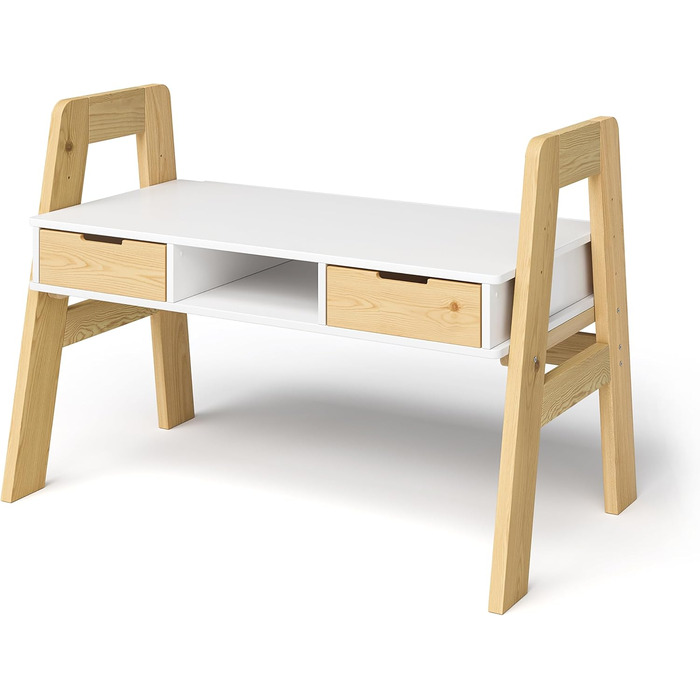 Дитячий письмовий стіл Bellabino Campo регульований по висоті з дерева в білому/натуральному кольорі з 2 шухлядами, 1 полицею і 3