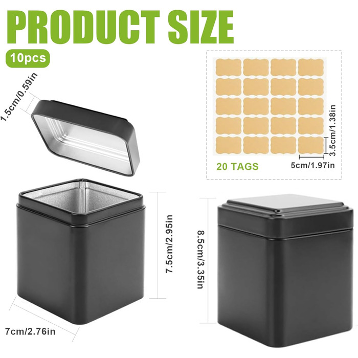 Класичних квадратних чайних банок, 7 x 7 x 8,5 см, для розсипного чаю, включаючи 20 етикеток, набір металевих ароматизованих чайних банок, місце для зберігання чаю, кави, цукру (чорні), 10