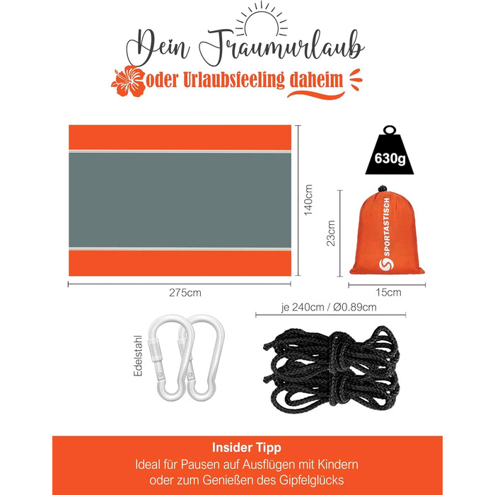 Гамак SPORTASTISCH Відкритий Ультралегкий туристичний гамак 'Cozy Dozy для 2 осіб Діти до 300 кг Парашут нейлоновий дихаючий (275x140см) Помаранчевий Антрацит