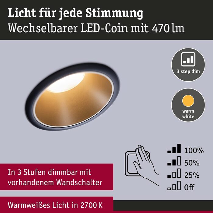 Вбудовуваний прожектор Paulmann Cole Coin, 3-ступеневе диммування, Ø 88 мм, 3 x 6,5 Вт, 460 лм, захист від бризок IP44, 2700 кельвінів, чорний/золотий матовий, вбудовуване світло