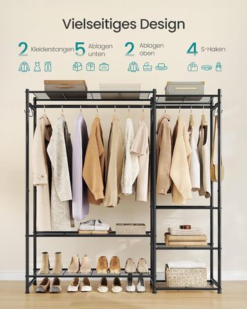 Вішалка для одягу SONGMICS, Відкрита шафа, Вішалка для пальто з 7 полицями, 2 вішалки для одягу, 4 S-подібних гачки, Металевий каркас, для спальні, вітальні, вхідної зони, Чорний LGR010BZ01 124.8W см