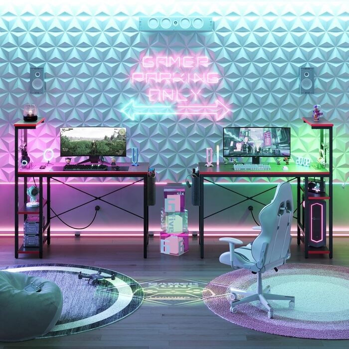 Ігровий стіл Bestier з розетками, 4-рівневий ігровий стіл зі світлодіодним підсвічуванням та двосторонніми полицями, ігровий стіл для ПК з гачком для гарнітури та бічною кишенею для зберігання речей у спальні