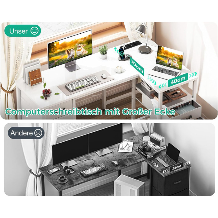 Письмовий стіл Coleshome з тканинними шухлядами, 140x80 см, двосторонній L-подібний стіл з шухлядою для документів, кутовий стіл з портом зарядки USB та розеткою, столи для домашнього офісу, білий 140x80 см