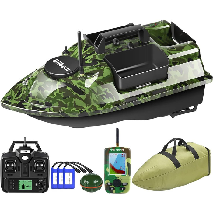 Човен для приманки Човен для приманки з GPS Човен для риболовлі Човен для приманки з ехолотом і GPS Коропова риболовля Знайти човен Ехолот з датчиком ехолота, запасні батарейки, сумочка Камуфляжний човен з ехолотом