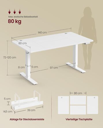 Регульований по висоті письмовий стіл VASAGLE, 140 x 80 см, з портом USB-C, колір білий хмаринка (без підставки для монітора)