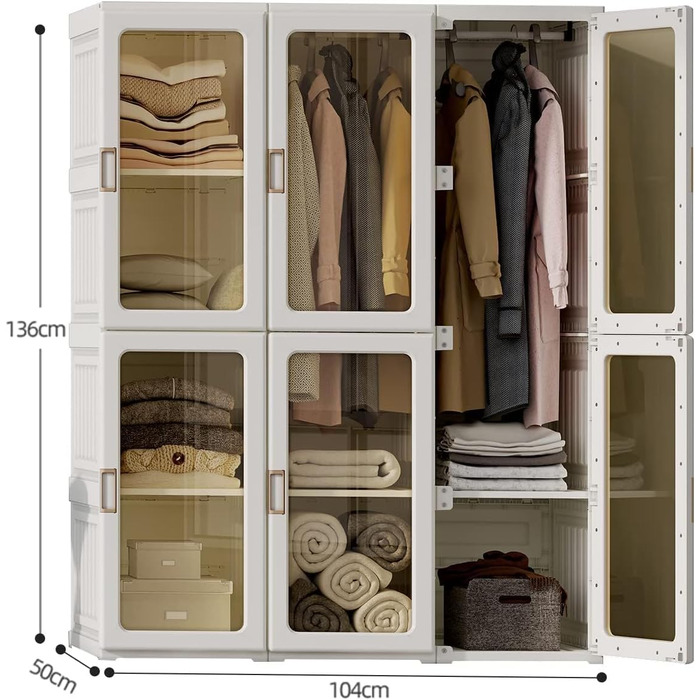 Шафа Dripex, Шафа 104 x 136 x 50 см (Ш x В x Г), Легке складання, Складана багатоцільова шафа з рейкою для вішалок, Магнітні двері, Для вітальні-спальні, Білий, 8 дверей з 2 рейками для вішалок