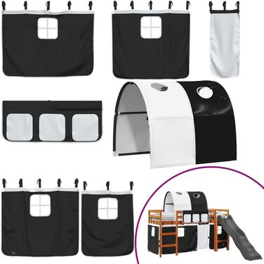 Ліжка та аксесуари, Ліжка та каркаси ліжок, Дитяче ліжко-горище з тунелем, біло-чорне, 80 х 200 см, масив сосни