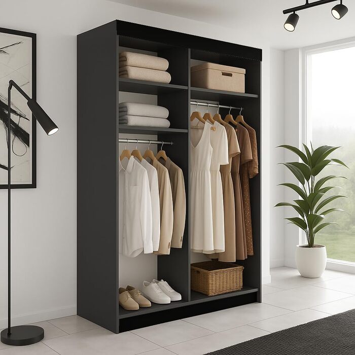 Шафа-купе з дзеркалом - Шафа для спальні - Шафа для спальні - Шафа - Шафи - Шафи - 138x205x59 - Чорний