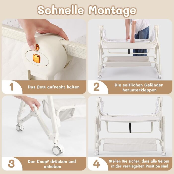 Дитяче ліжечко HOLAVIDA 5-в-1, регульована по висоті колиска, дитяча колиска з пеленальний столик, кошик для зберігання, москітна сітка, матрац, портативне дорожнє ліжечко для новонароджених/малюків (бежевий)