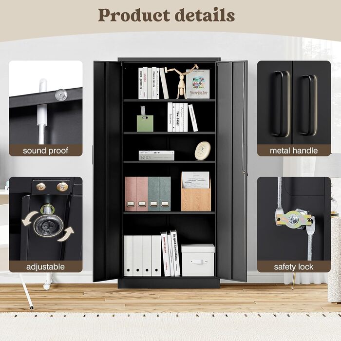 Шафа для документів, що замикається, з 2 дверима, металева шафа, сталева шафа, багатоцільова шафа, металева офісна шафа, регульовані полиці, шафа для зберігання речей для офісу, дому, гаража, 170x78x39 см, чорна