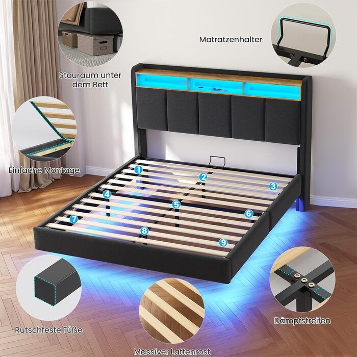 М&39яке ліжко 140x200 см, плаваюче ліжко зі світлодіодним освітленням, узголів&39ям та зарядною станцією (2 розетки змінного струму, 2 USB-порти), ліжко 140x200 з місцем для зберігання речей, сучасне двоспальне ліжко з рейковою основою, льон, сірий колір,