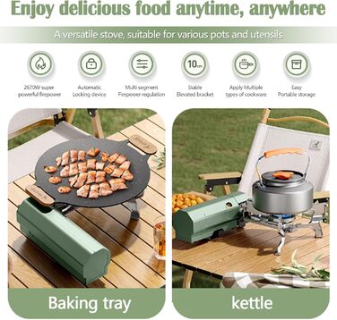 Складаний газовий пальник для кемпінгу, портативна плита з п'єзопідпалом та алюмінієвим вітрозахистом для туризму, походів та пікніків (без газових балонів)