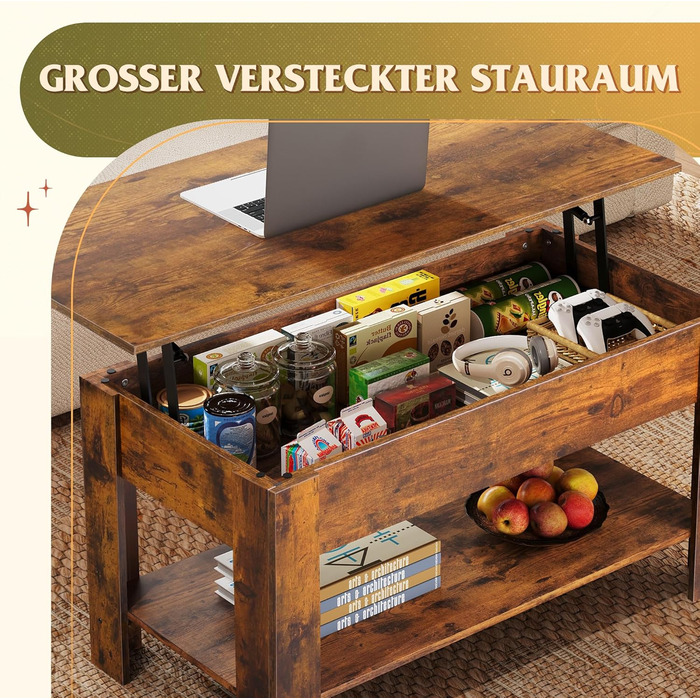 Журнальний столик WLIVE з регульованою висотою та полицею, прямокутний стіл для вітальні з відкритим та прихованим місцем для зберігання, журнальний столик для вітальні, спальні (індустріальний, рустикальний коричневий) Рустикальний коричневий індустріаль