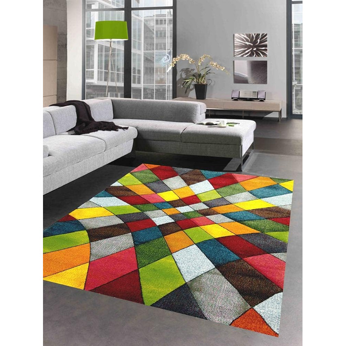 Абстрактний килим для вітальні сучасний барвистий ромбовидний дизайн помаранчевий жовтий зелений - легко чиститься розмір 200 x 29