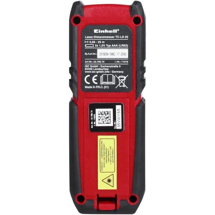 Лазерний далекомір Einhell TC-LD 25 (до 25 м, вибір базової точки вимірювання, безперервний режим, автовимкнення, функція безпеки, з чохлом)