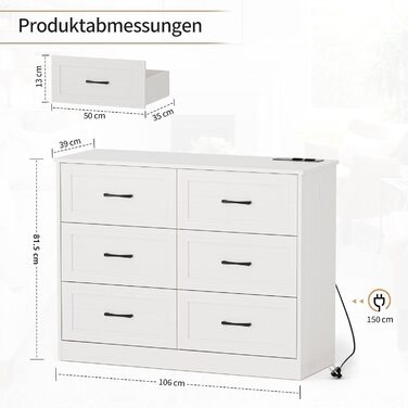 Комод з розетками, комод з 6 шухлядами, 2 USB та 2 розетки змінного струму, дерев&39яний комод, для спальні, вітальні, коридору, 106 x 81,5 x 39 см, білий