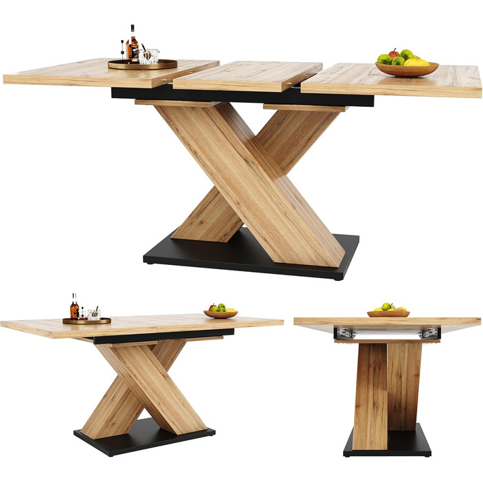 Розсувний дерев&39яний обідній стіл, кухонний стіл 120/160x80x75см, розсувний обідній стіл на 4-6 осіб, опора з алюмінієвого сплаву, розсувний обідній стіл (квадратний, дерево A) Деревина A квадратна