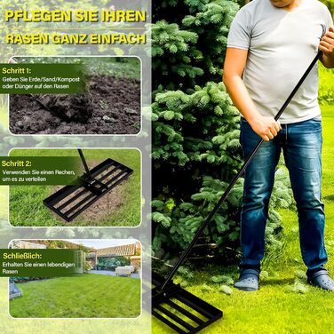 Гребінь для вирівнювання газону Garten L 2026, покращений, з нержавіючої сталі, з оптимізованим різьбовим зєднанням для запобігання ослабленню, регульований, для ґрунту, землі, догляду за газоном та ландшафтного дизайну 4525 см